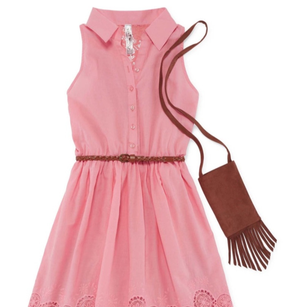 Coral pink dress with cute purse and brown belt.